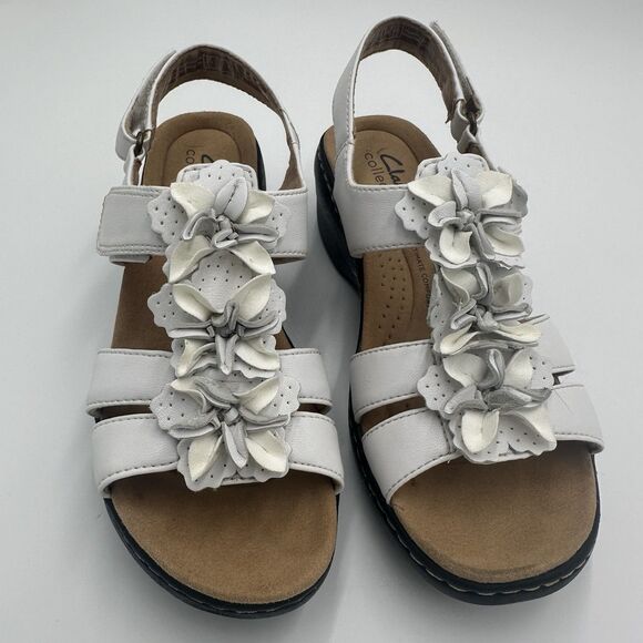 CLARKS Merliah Sheryl Leather White Flower Womens 6 Slingback Sandals Shoes - Picture 2 of 15